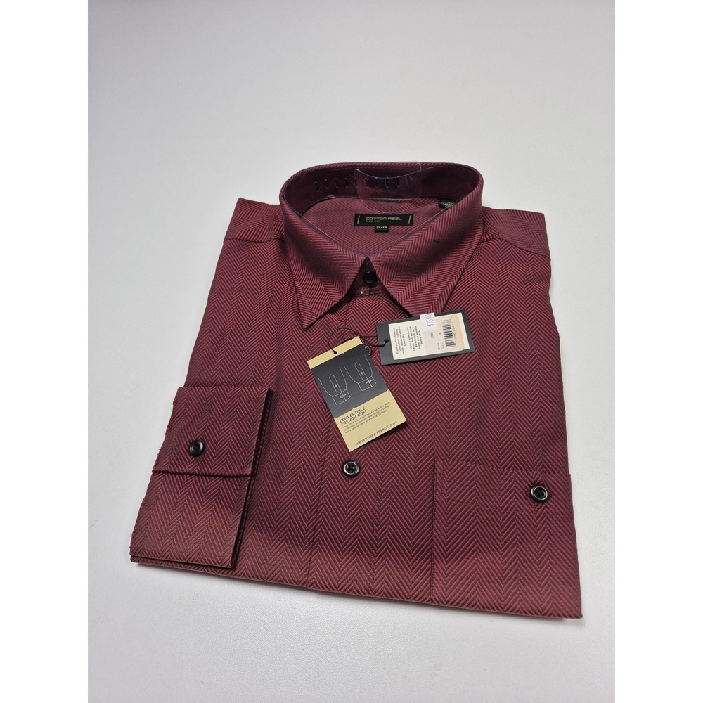 Cotton Reel Dress Shirt Mens XL Red Herringbone Long Sleeve Convertible Cuff
